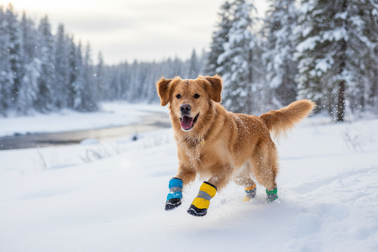 A dog wearing colorful protective boots in a snowy winter landscape