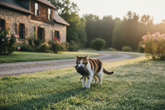 Cat outdoors carrying prey in its mouth