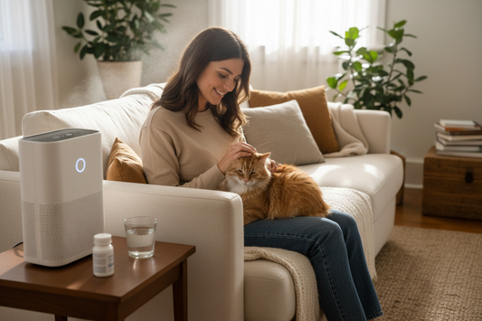 Person with allergies happily cuddling a cat on a clean sofa with an air purifier on the side table